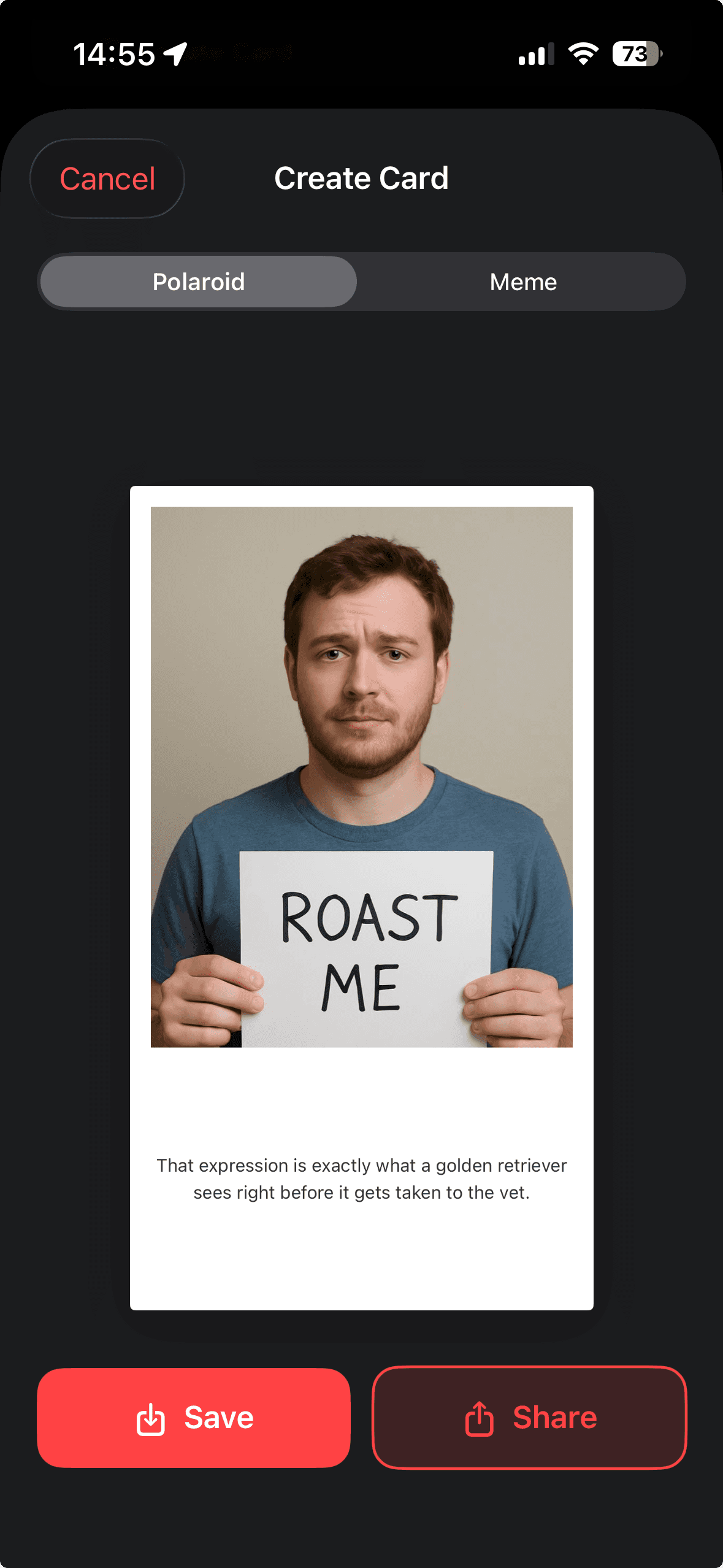 Roasted iOS screen with a finished roast card ready to copy or share