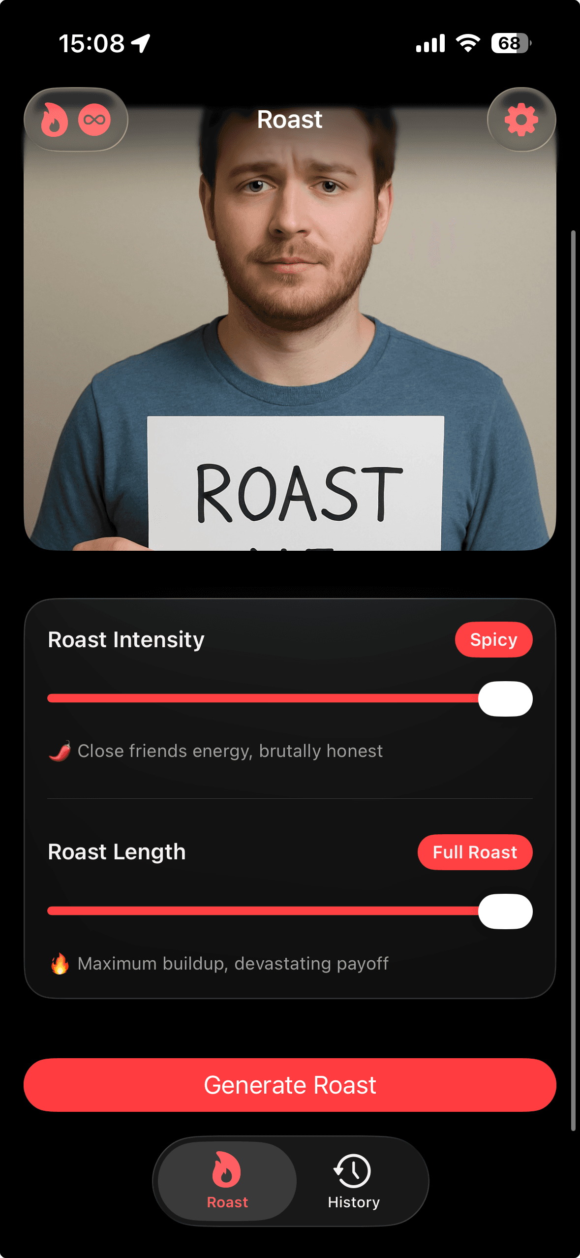Roasted iOS screen for selecting roast intensity from gentle to savage